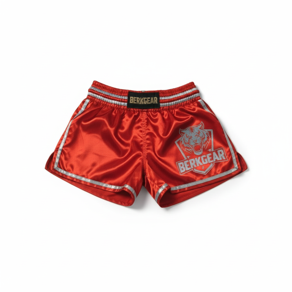 De 'Red Fury' Muay Thai Shorts | Satijn Rood met Zilver Tijger Logo | BERKGEAR