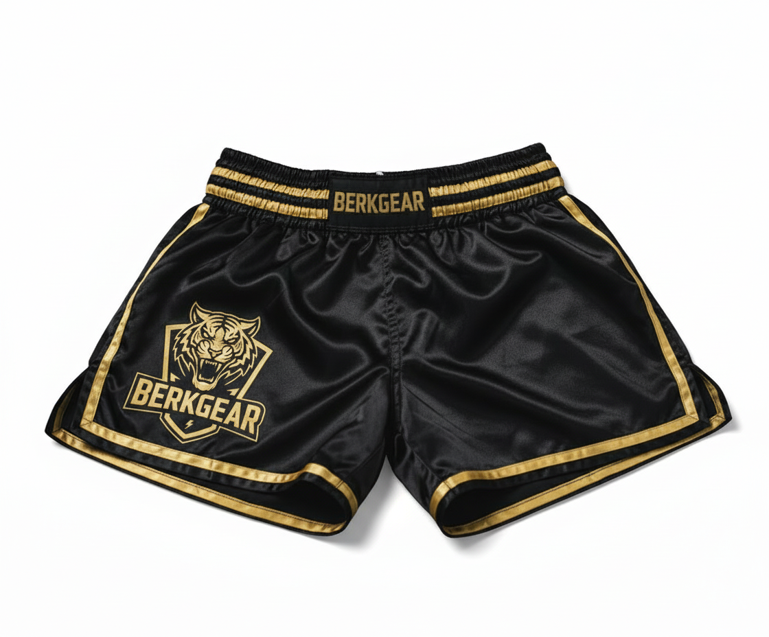 BERKGEAR Elite Muay Thai Shorts | Zwart/Goud | Tijger Logo